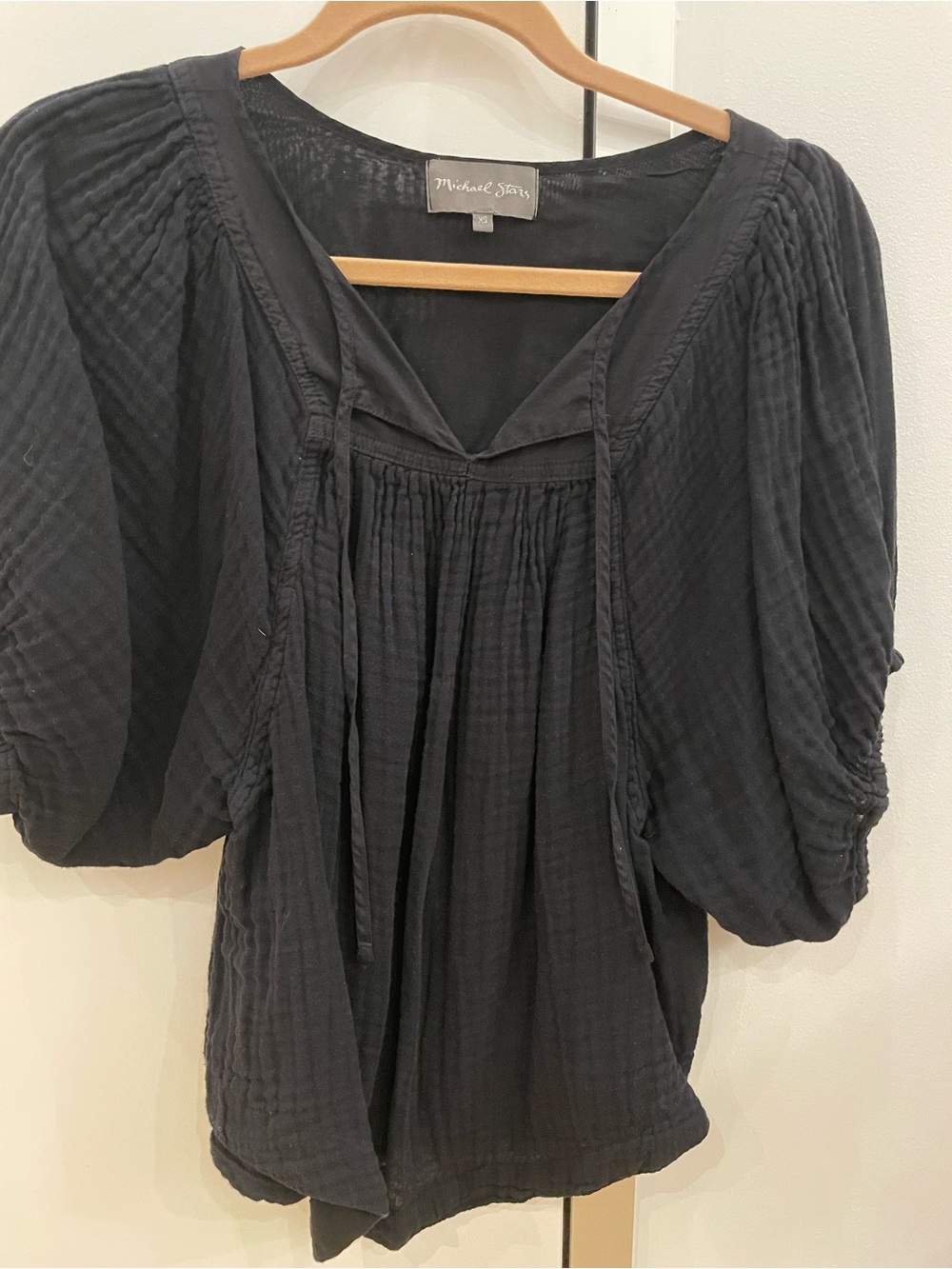 Michael Stars Black Pleated Puff-Sleeve Blouse